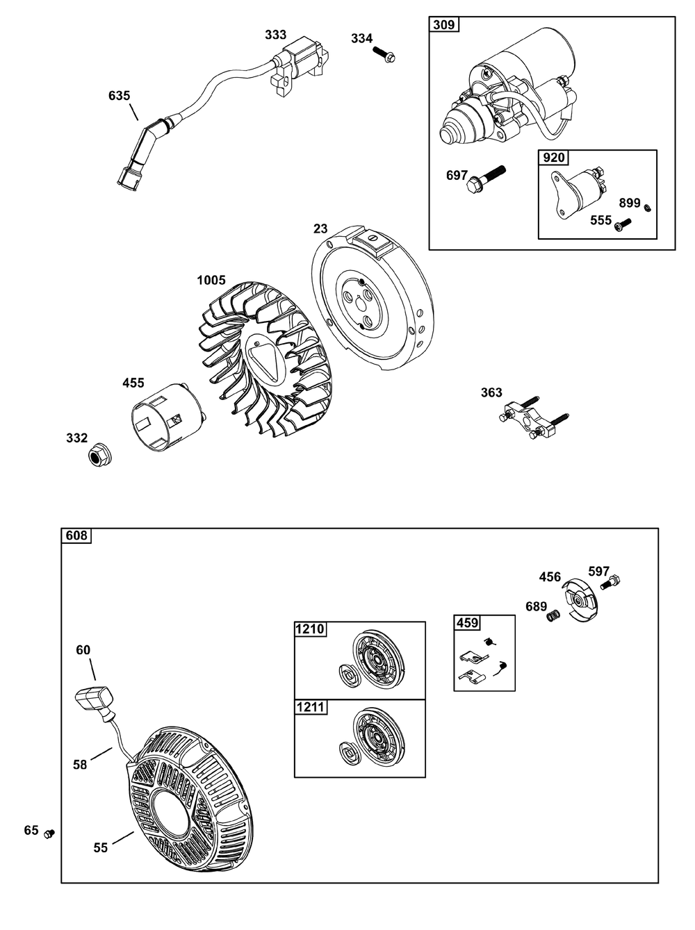Flywheel, Ignition, And Starter Group Diagram and Parts List for 19N137-0344-B5 100000 - 19Z999 Briggs and Stratton Engine